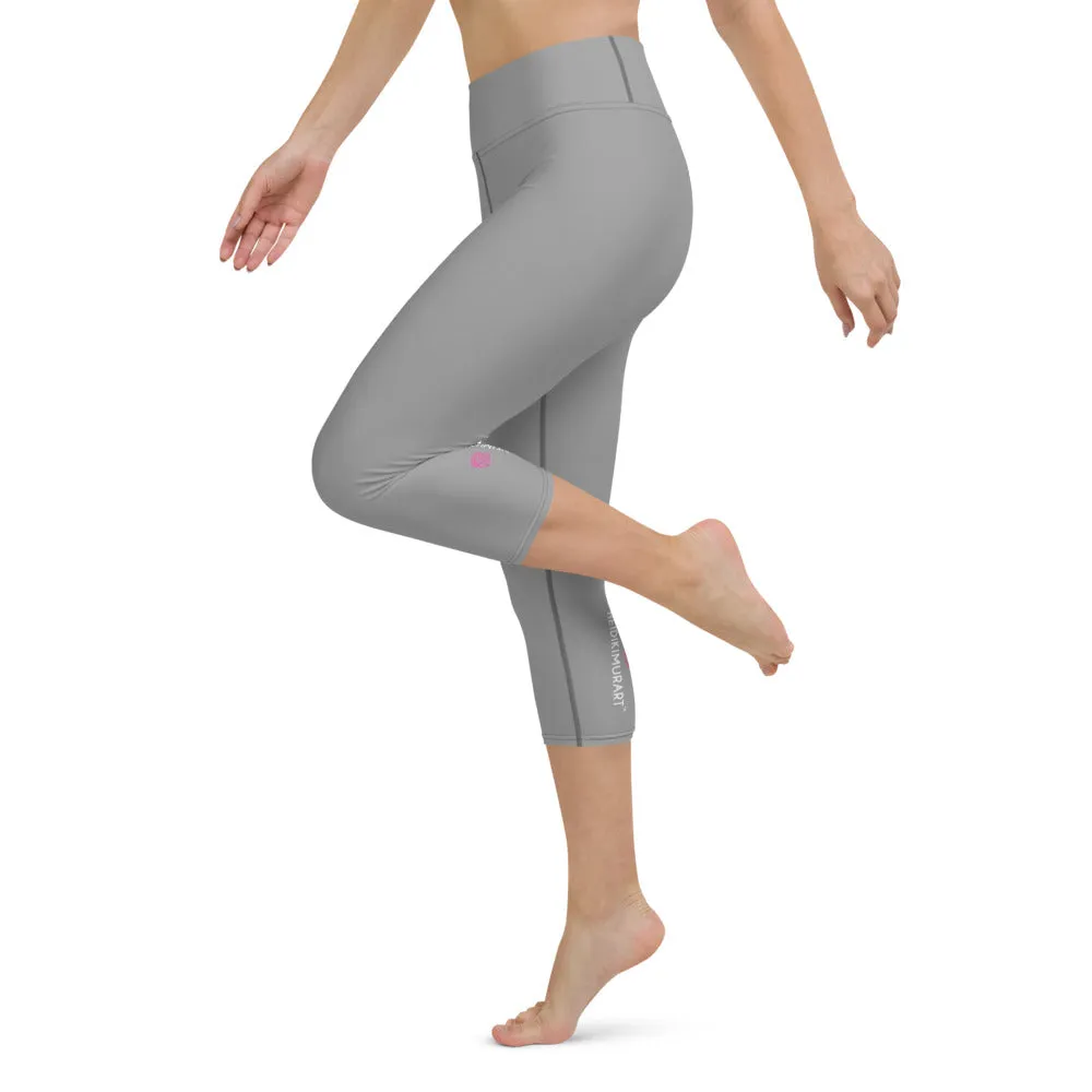 Ash Grey Yoga Capri Leggings, Solid Color Mid-Calf Length Activewear For Women-Made in USA/EU
