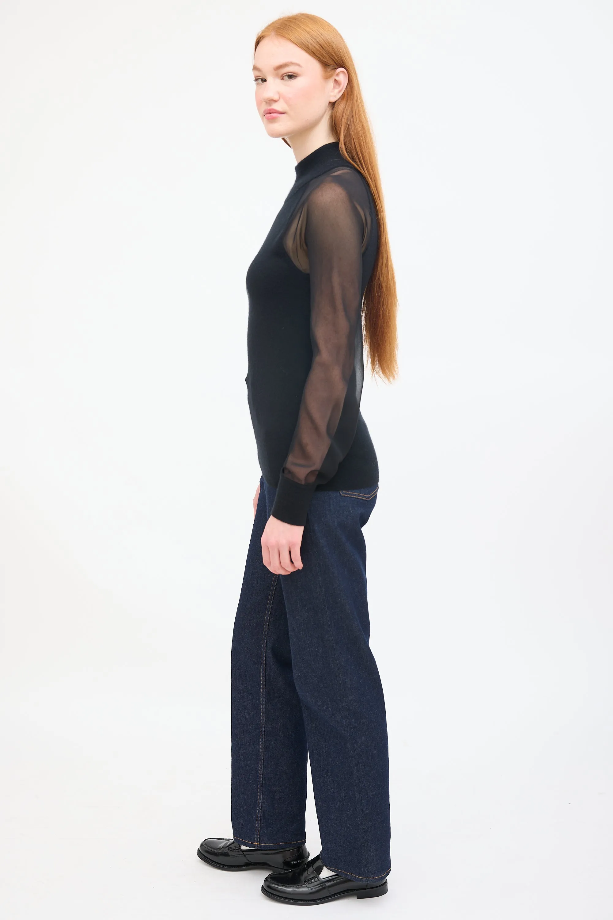 Black Cashmere & Silk Sheer Sleeve Top