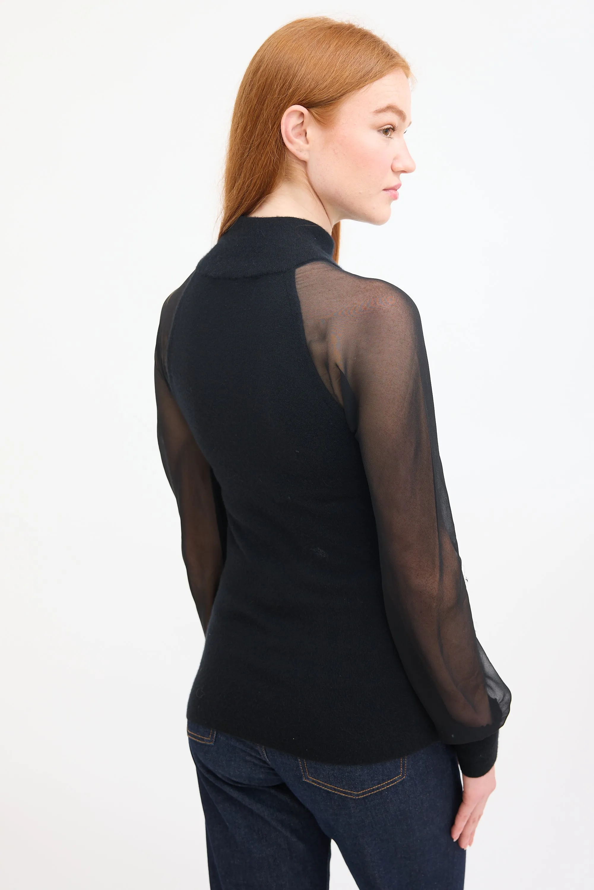 Black Cashmere & Silk Sheer Sleeve Top