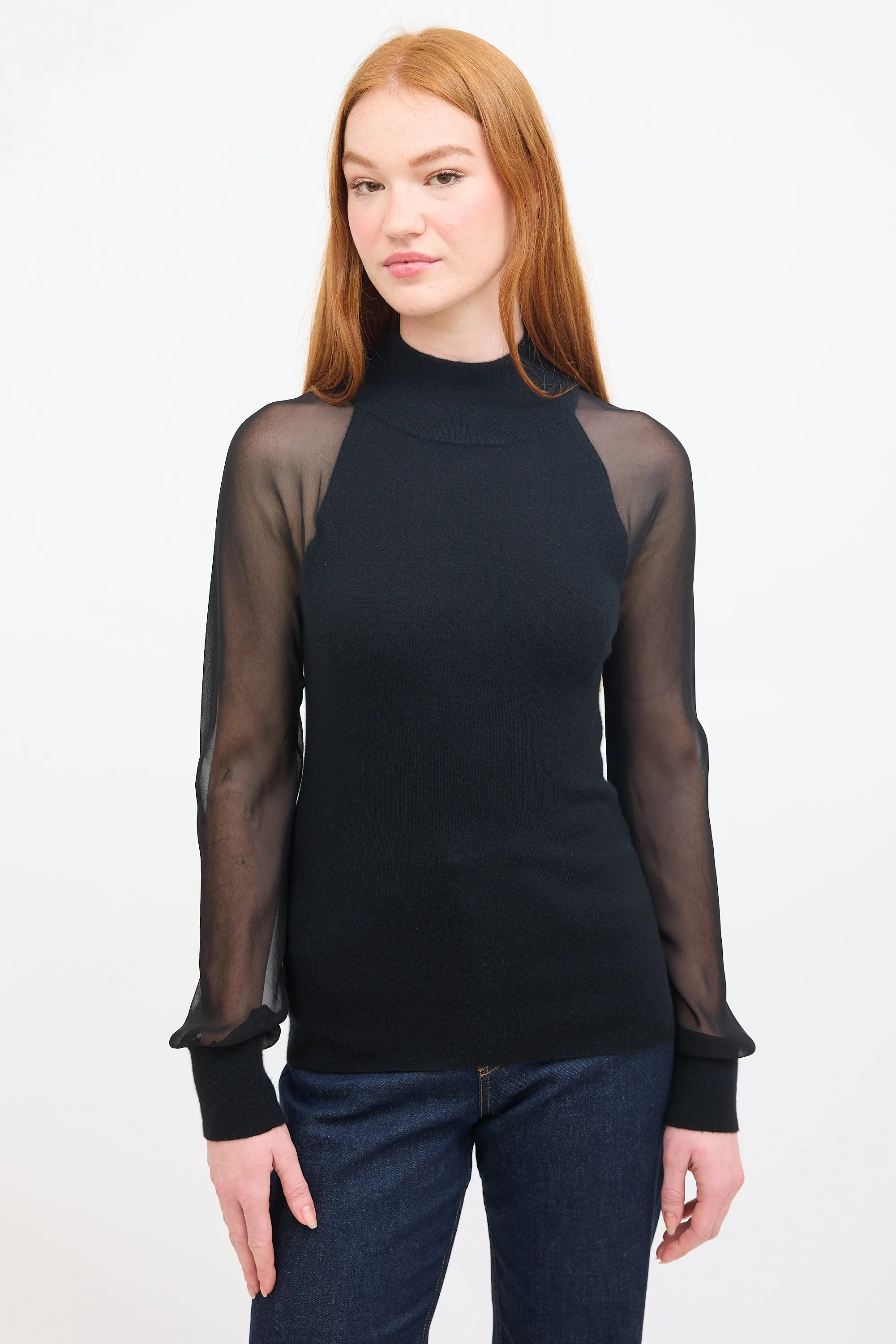 Black Cashmere & Silk Sheer Sleeve Top