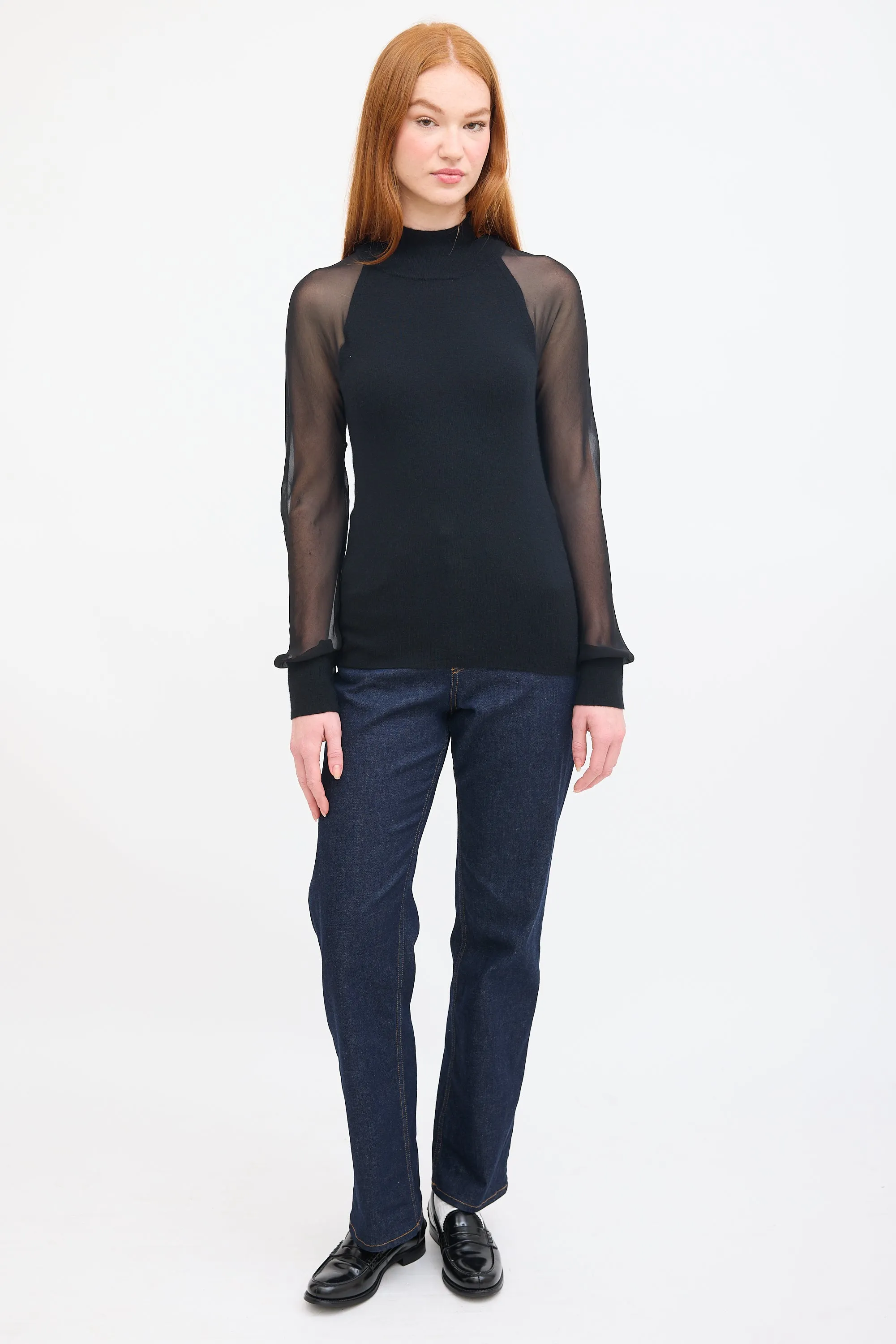 Black Cashmere & Silk Sheer Sleeve Top