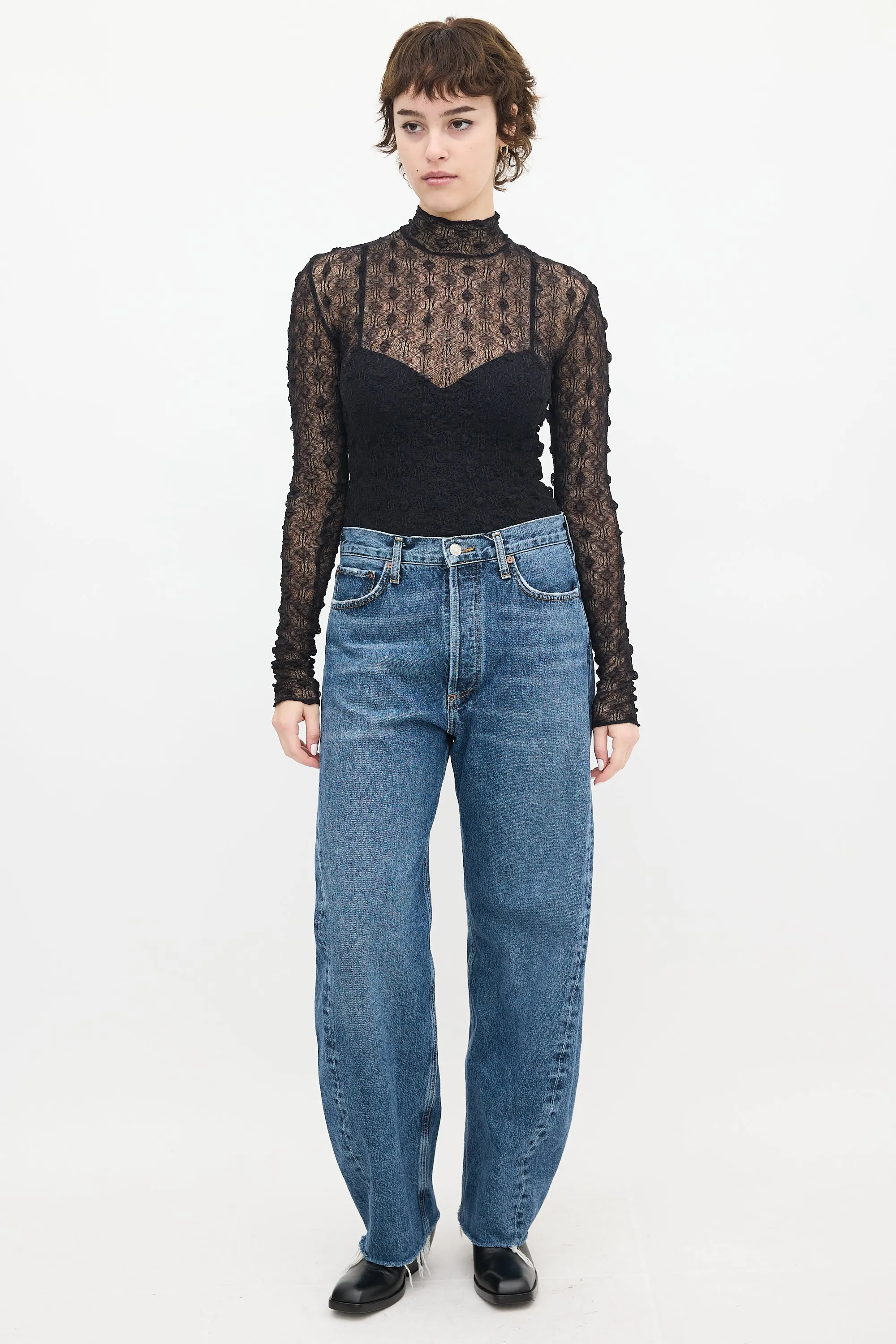 Black Puckered Mesh Mock Neck Top