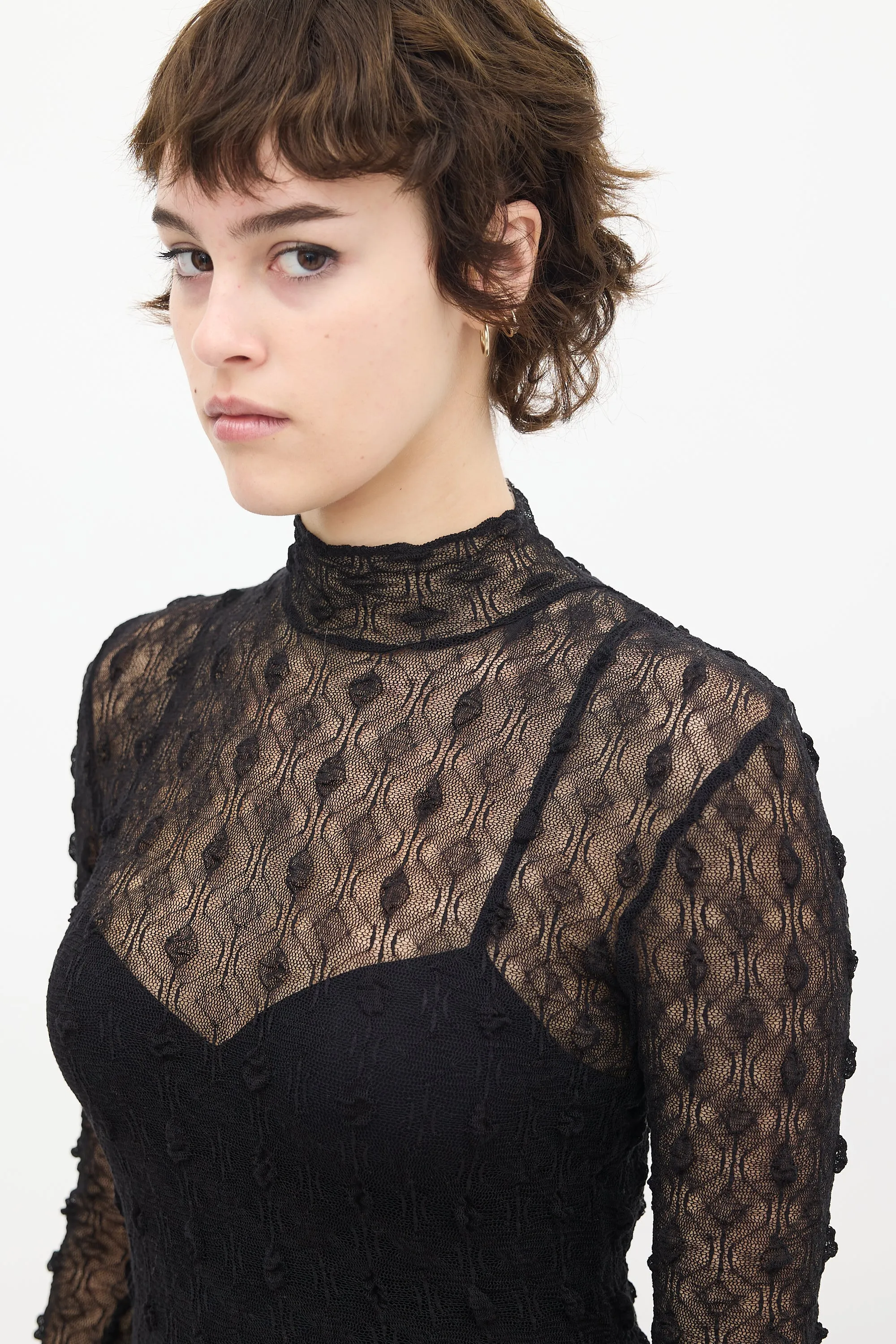 Black Puckered Mesh Mock Neck Top