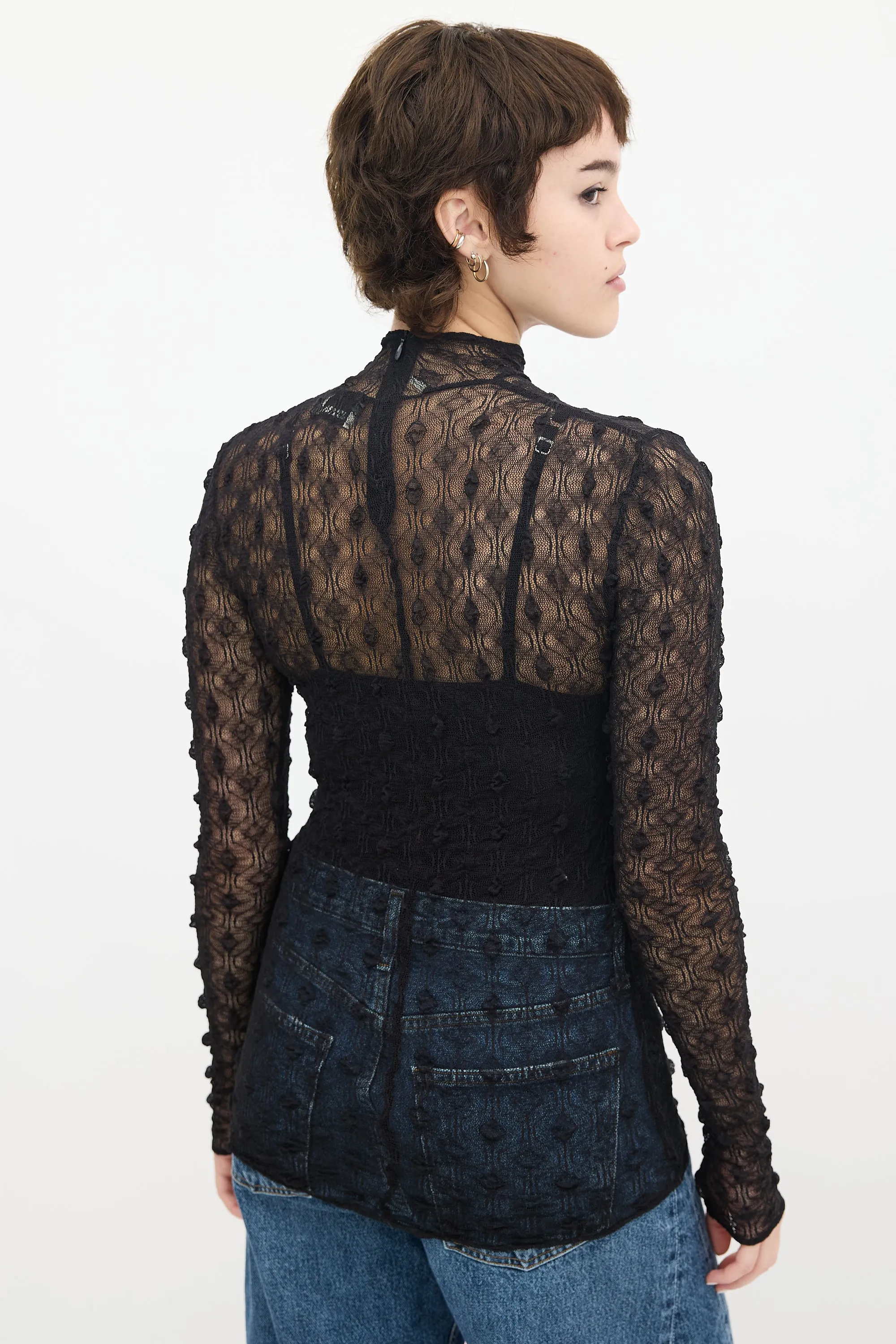 Black Puckered Mesh Mock Neck Top
