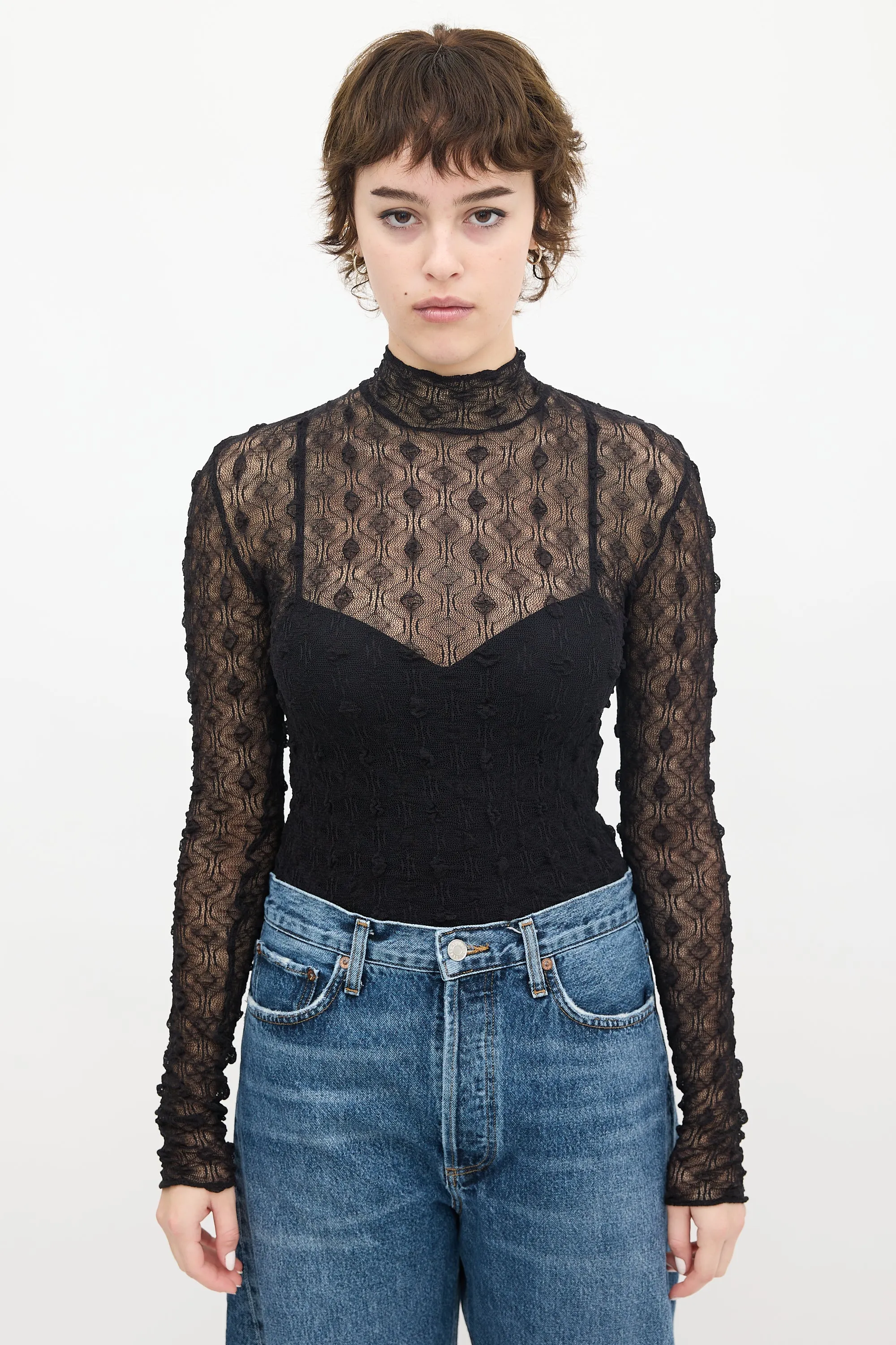 Black Puckered Mesh Mock Neck Top
