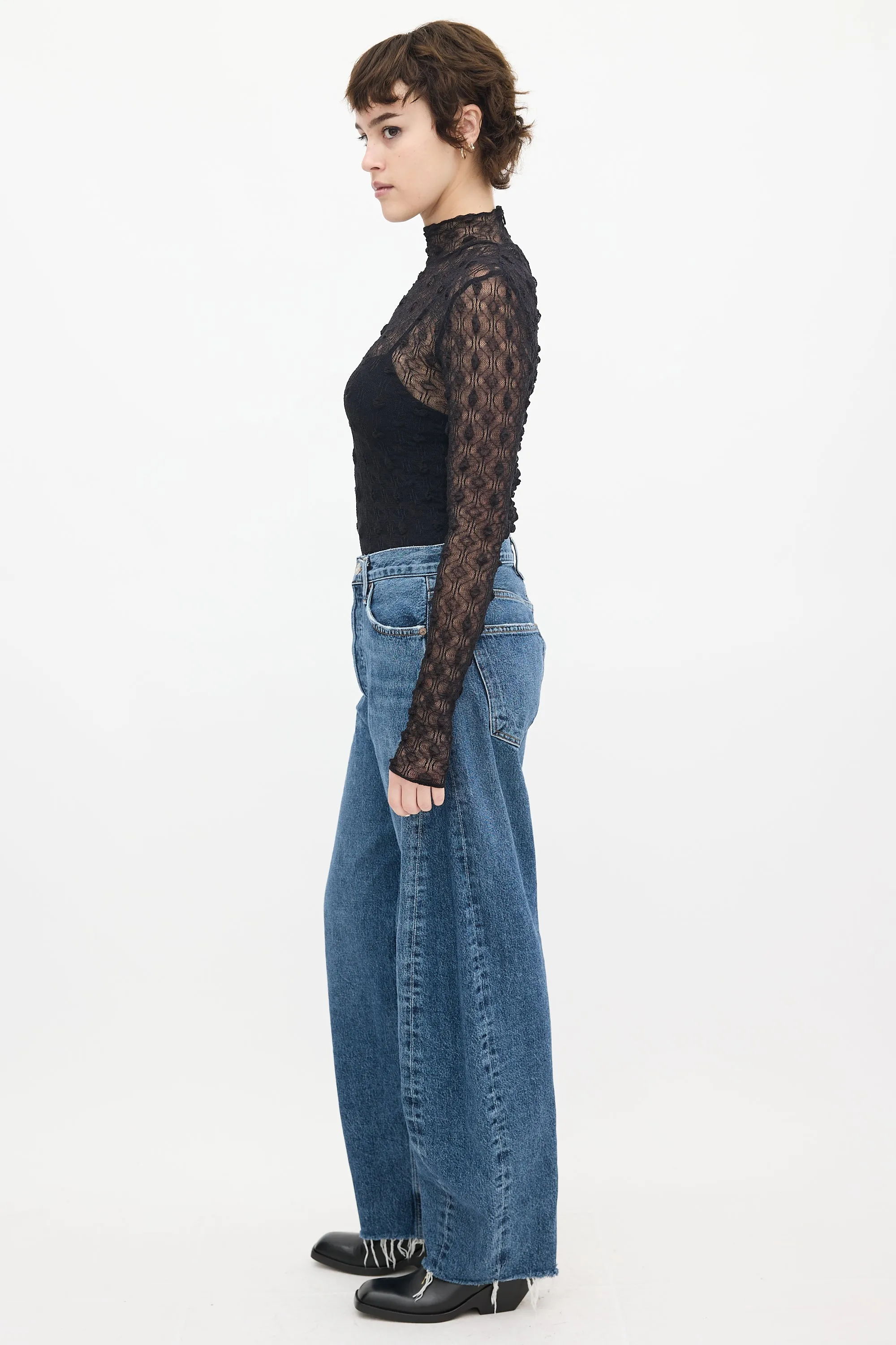 Black Puckered Mesh Mock Neck Top