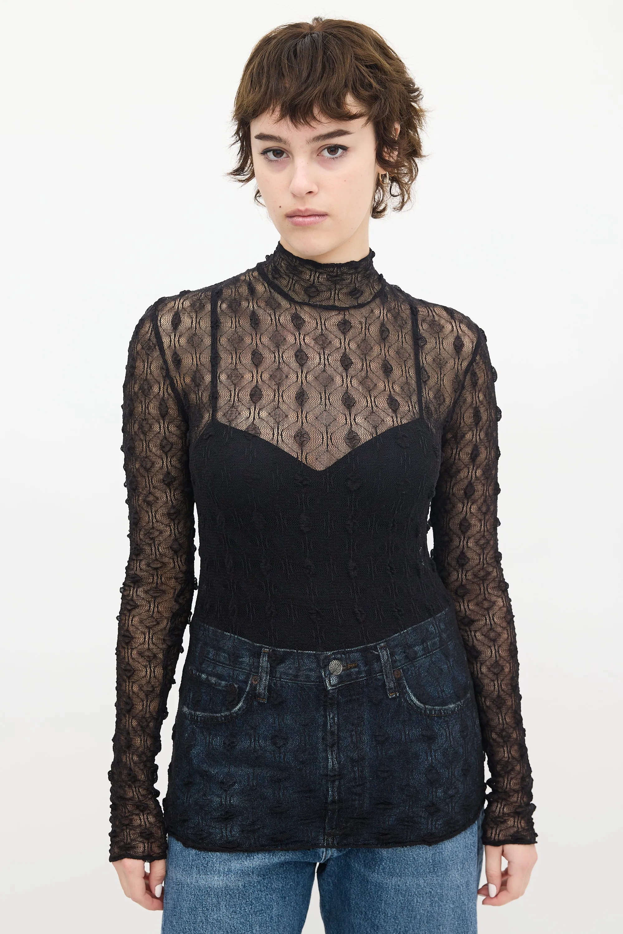 Black Puckered Mesh Mock Neck Top