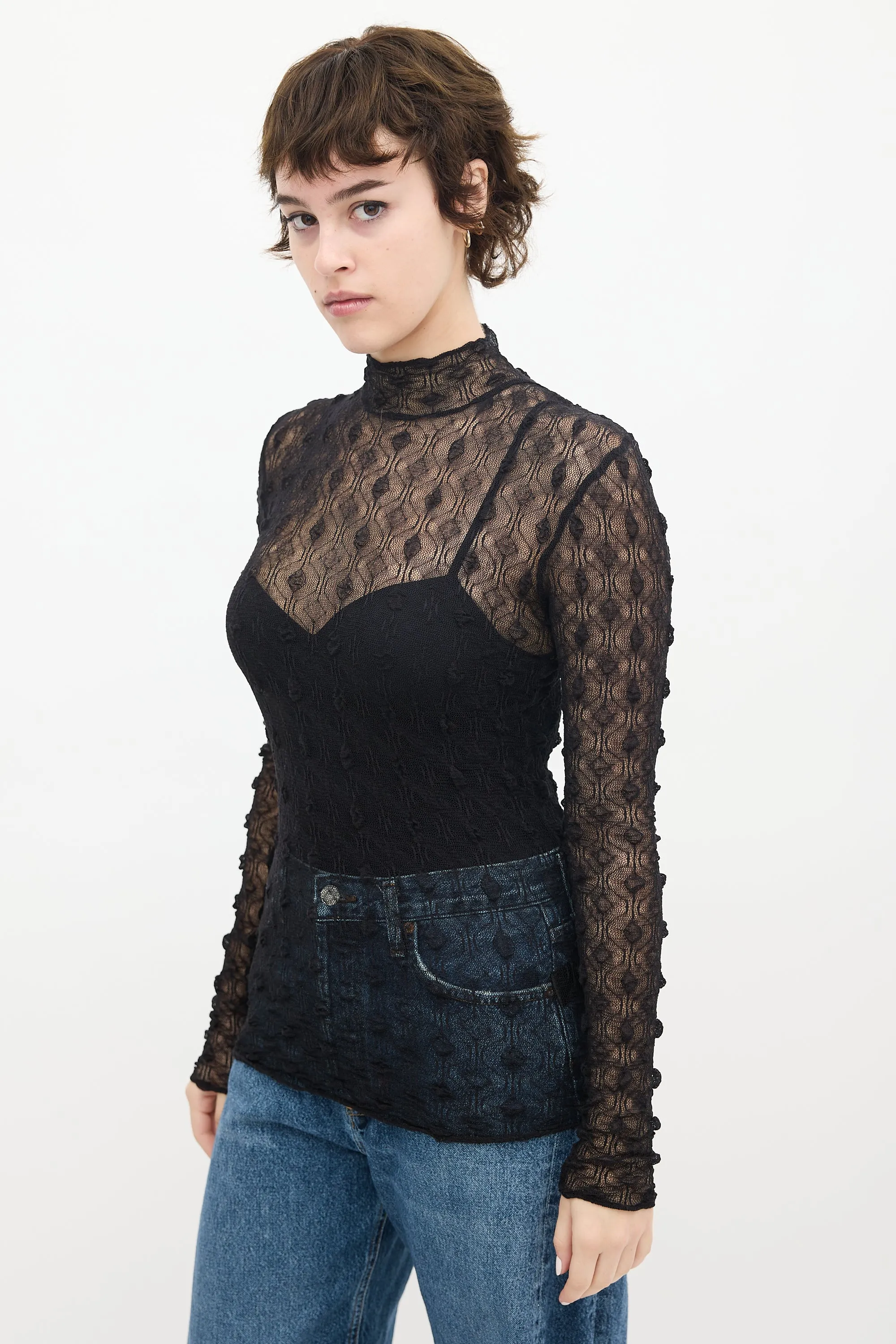 Black Puckered Mesh Mock Neck Top