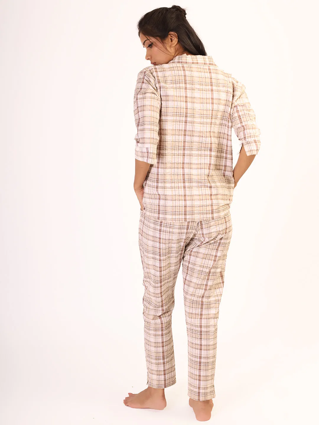 Cream Brown Checkered Sleep Wear