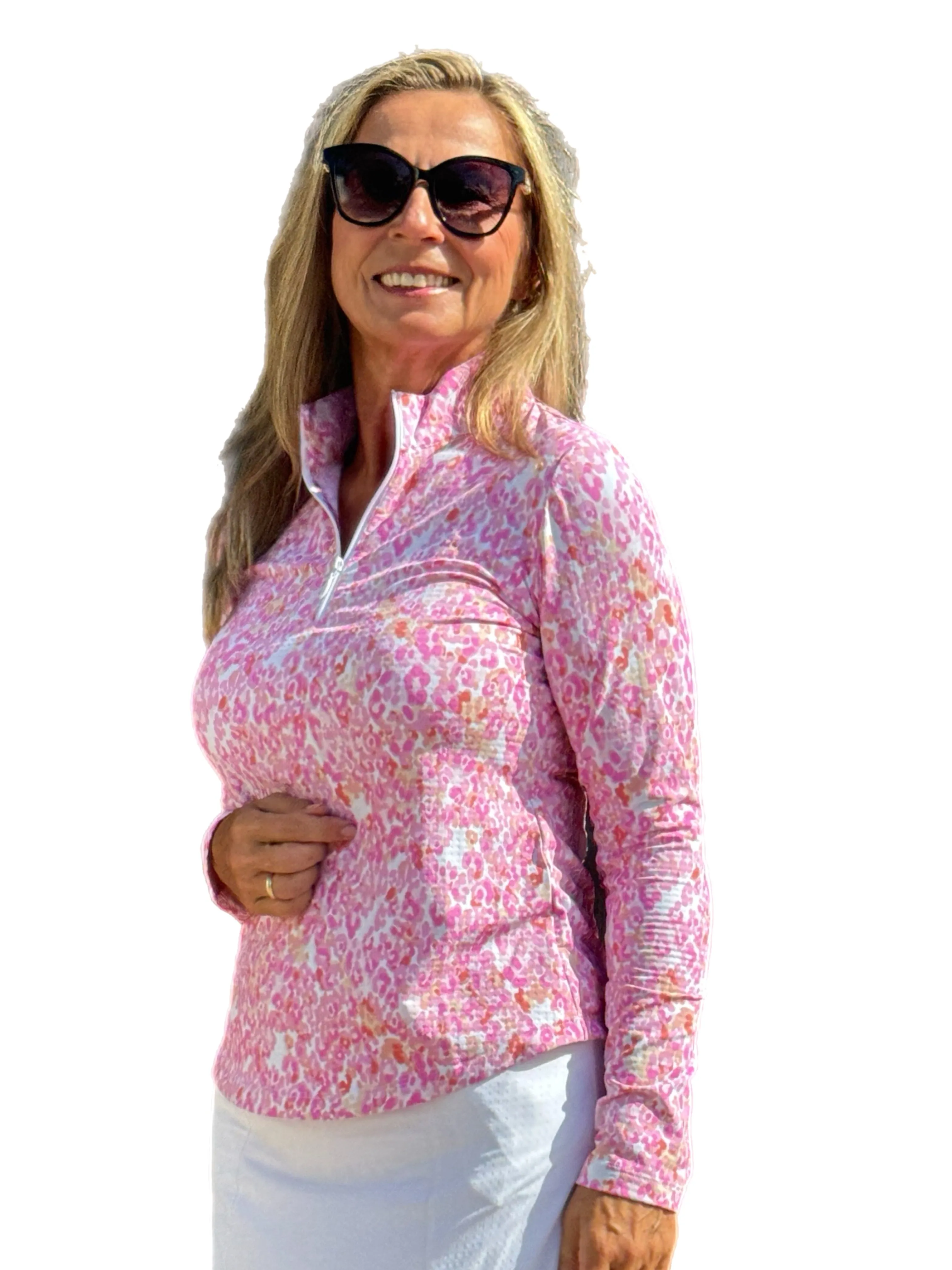 Long Sleeve Mock-Neck Zip Top Pink Confetti
