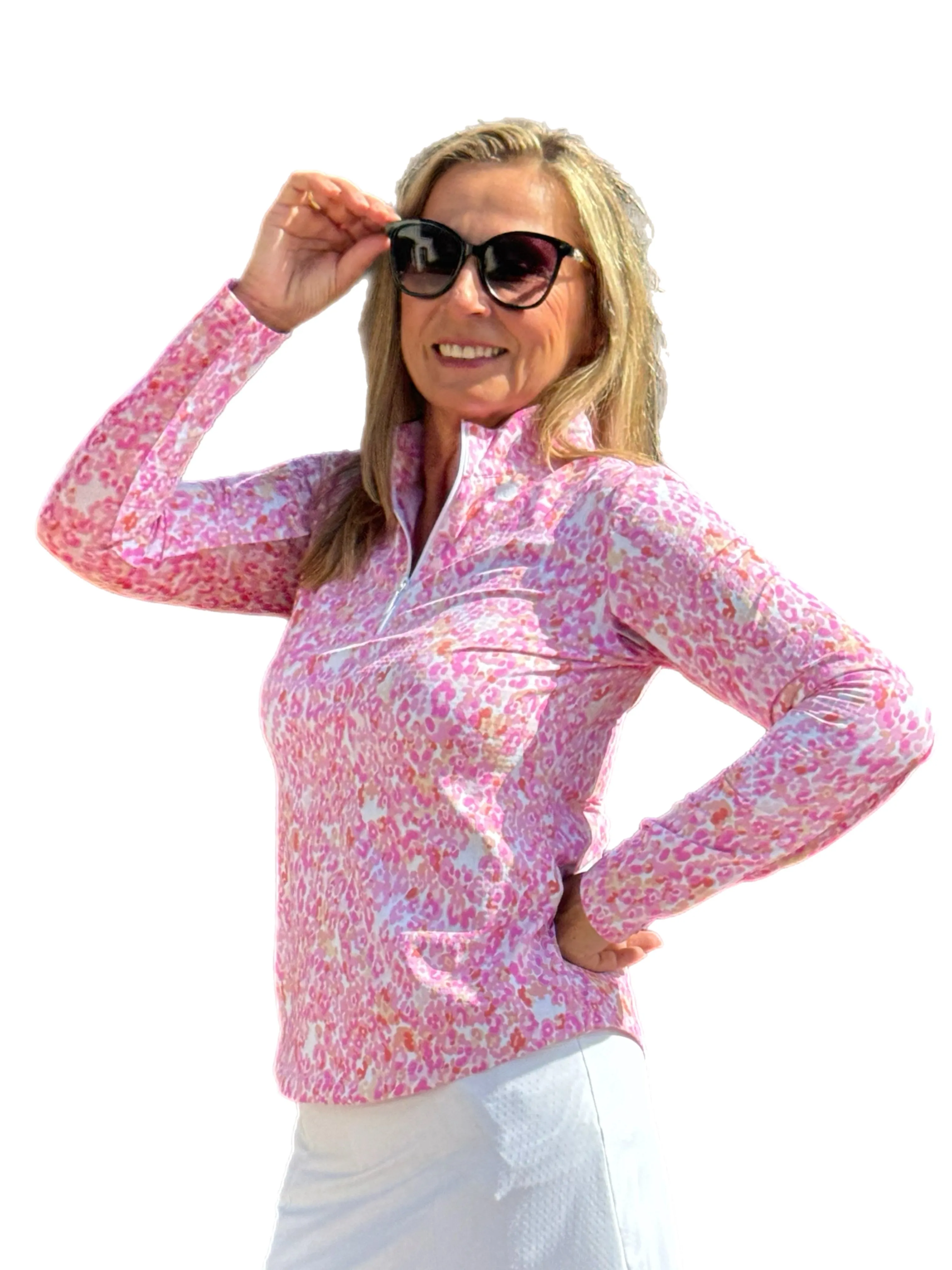 Long Sleeve Mock-Neck Zip Top Pink Confetti