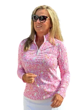 Long Sleeve Mock-Neck Zip Top Pink Confetti