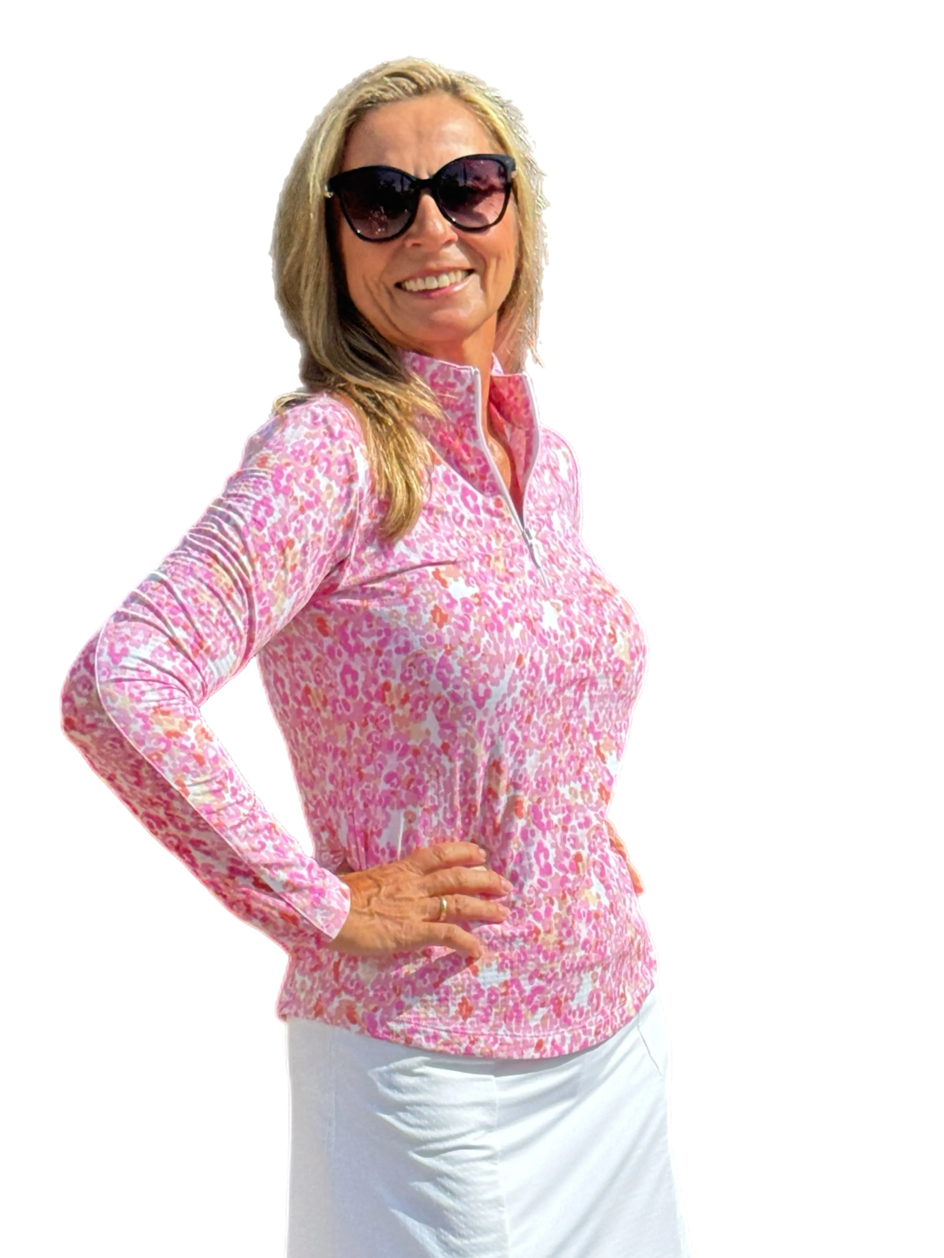 Long Sleeve Mock-Neck Zip Top Pink Confetti