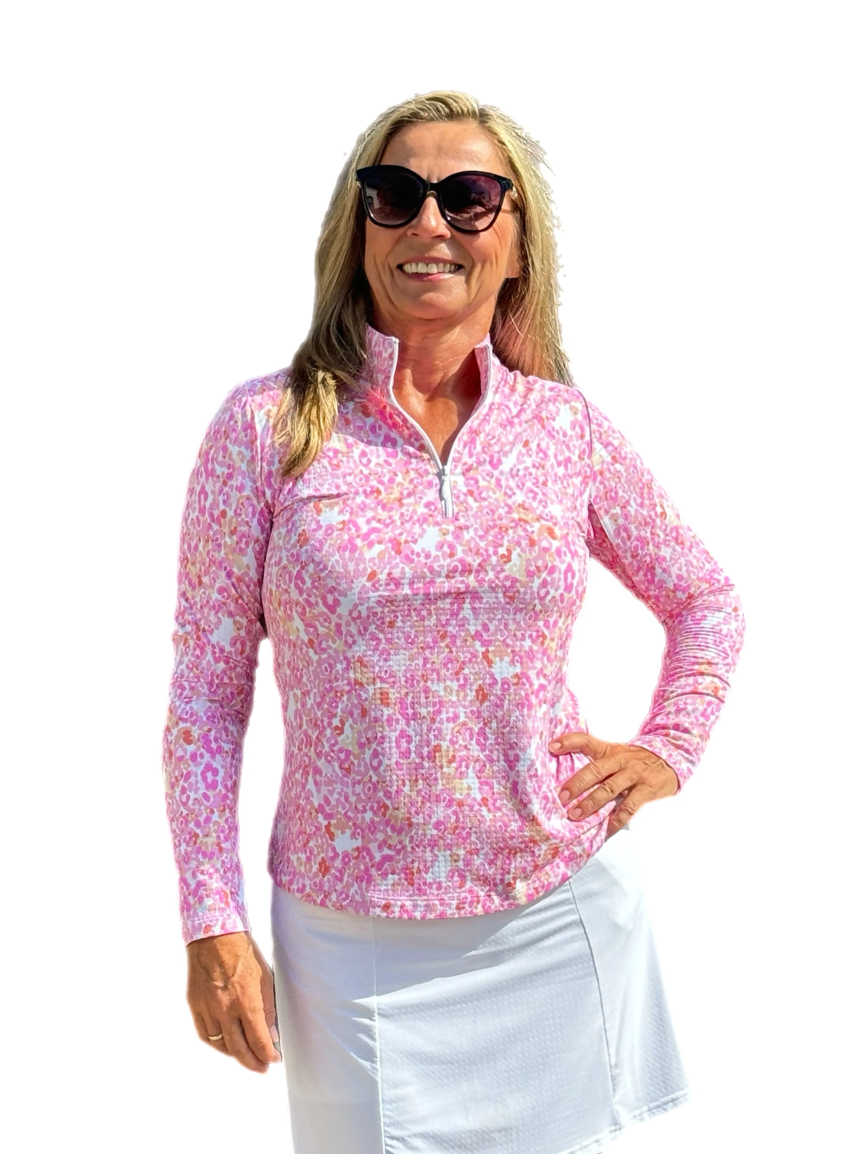 Long Sleeve Mock-Neck Zip Top Pink Confetti