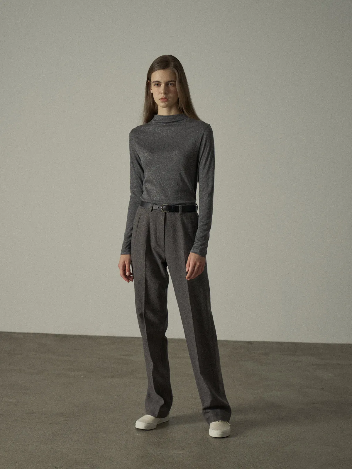 Mock Neck Tencel-Wool Blend Top - Charcoal
