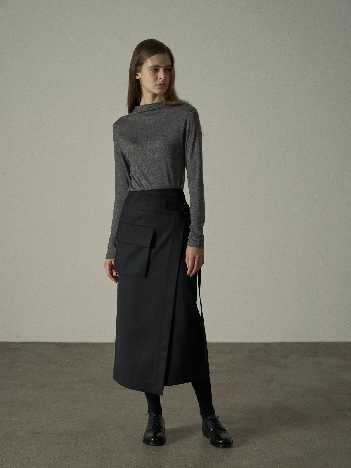 Mock Neck Tencel-Wool Blend Top - Charcoal