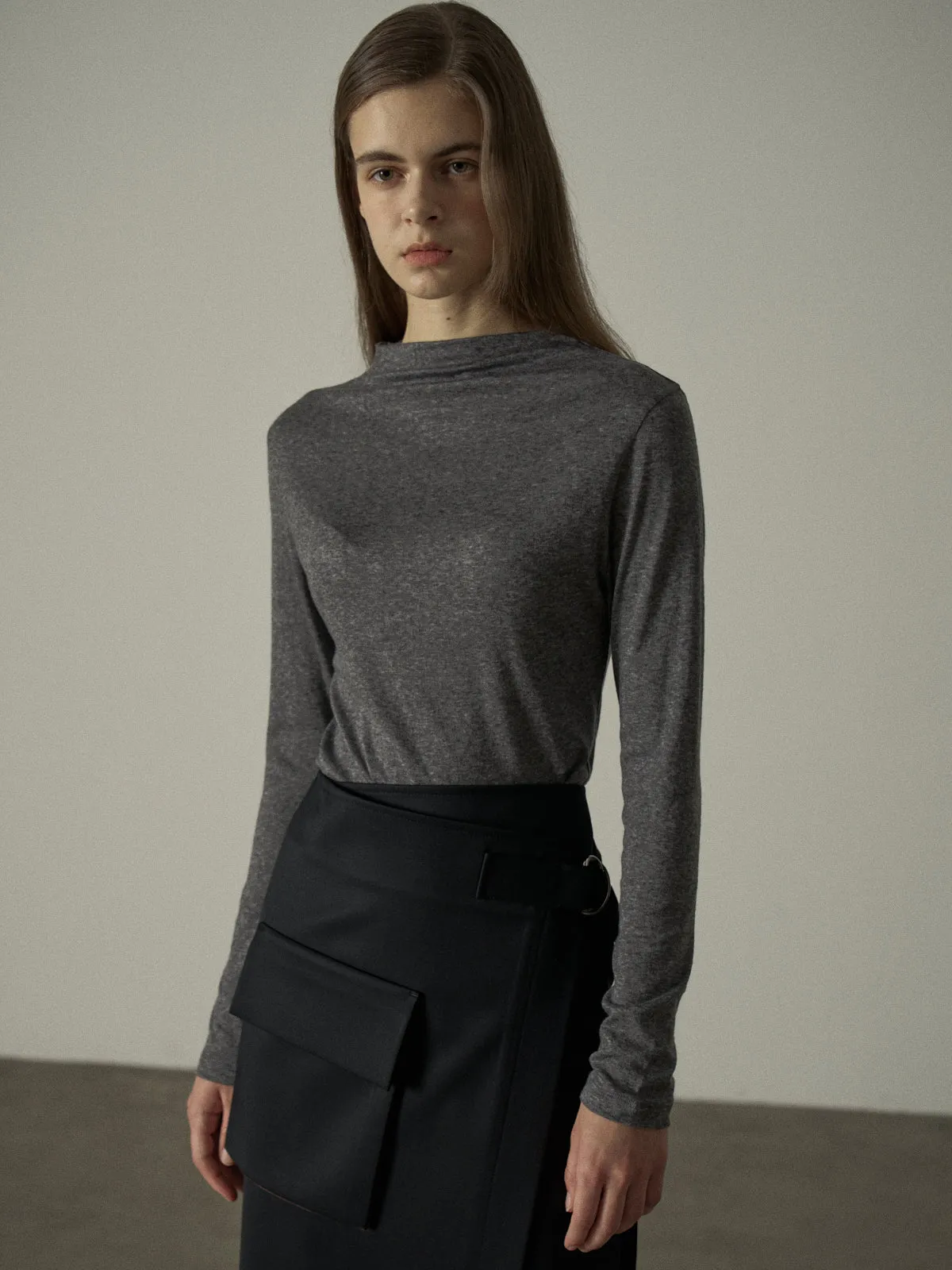 Mock Neck Tencel-Wool Blend Top - Charcoal