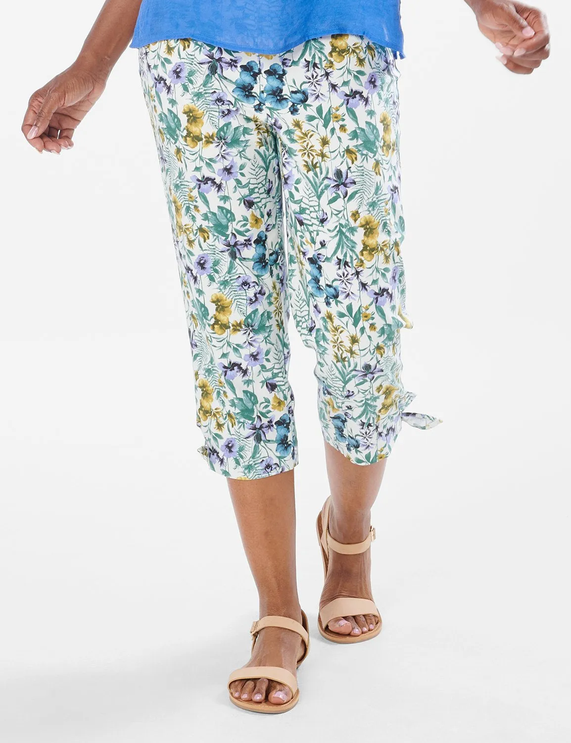 Printed Pull on Pants Tie Hem Capri