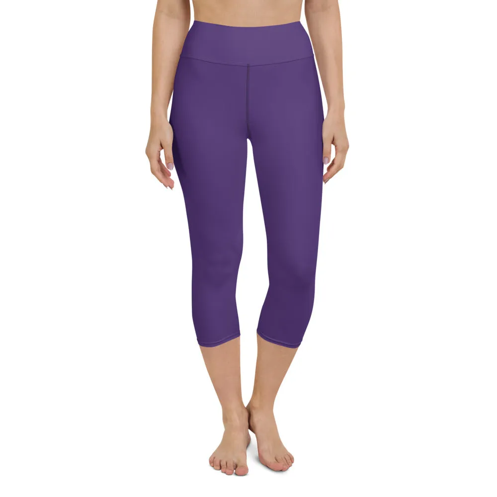 Purple Women's Yoga Capri Leggings, Solid Dark Purple Color Designer Capris Tights-Made in USA/EU/MX