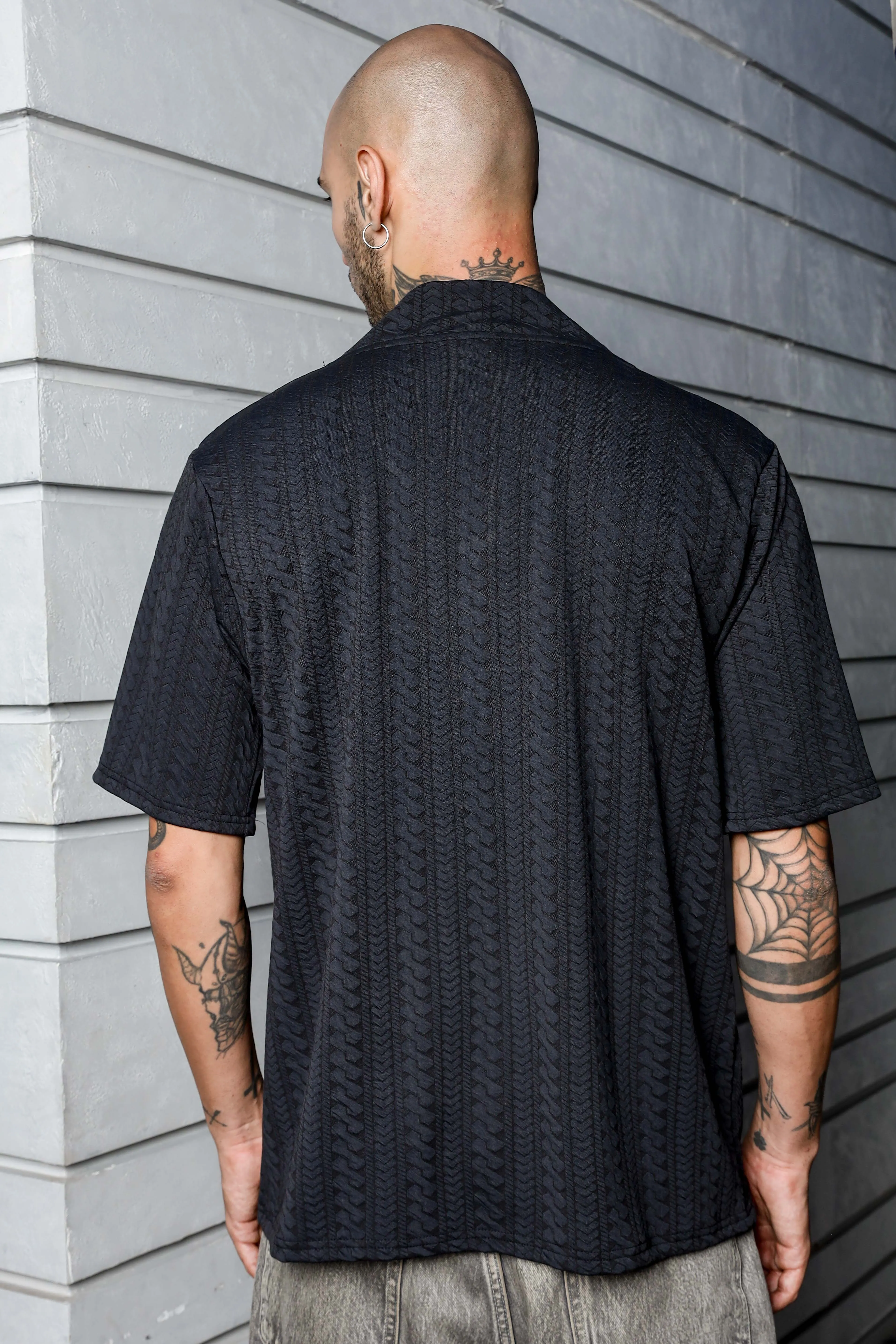 Unisex Black Textured V-Neck Oversized T-shirt