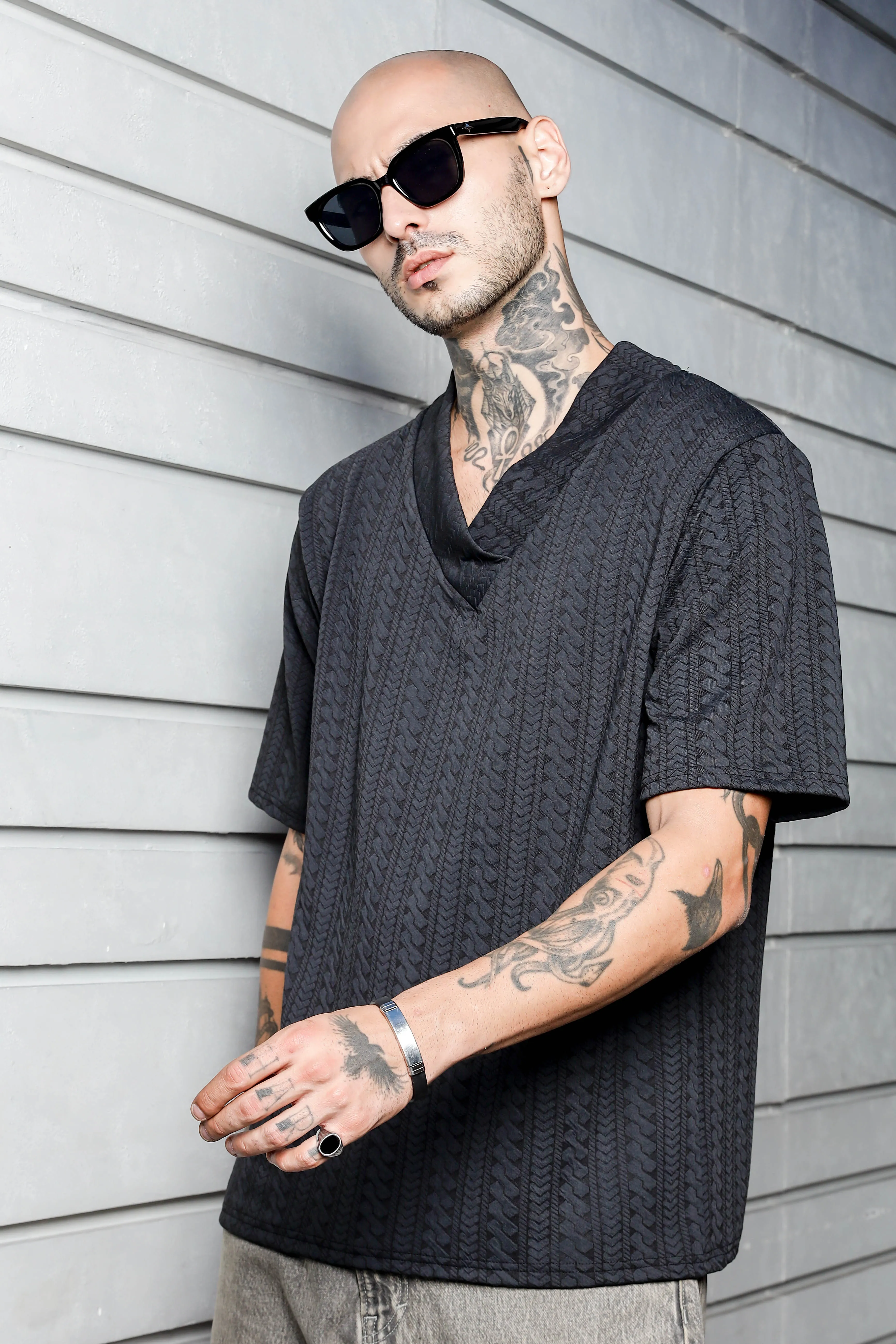 Unisex Black Textured V-Neck Oversized T-shirt