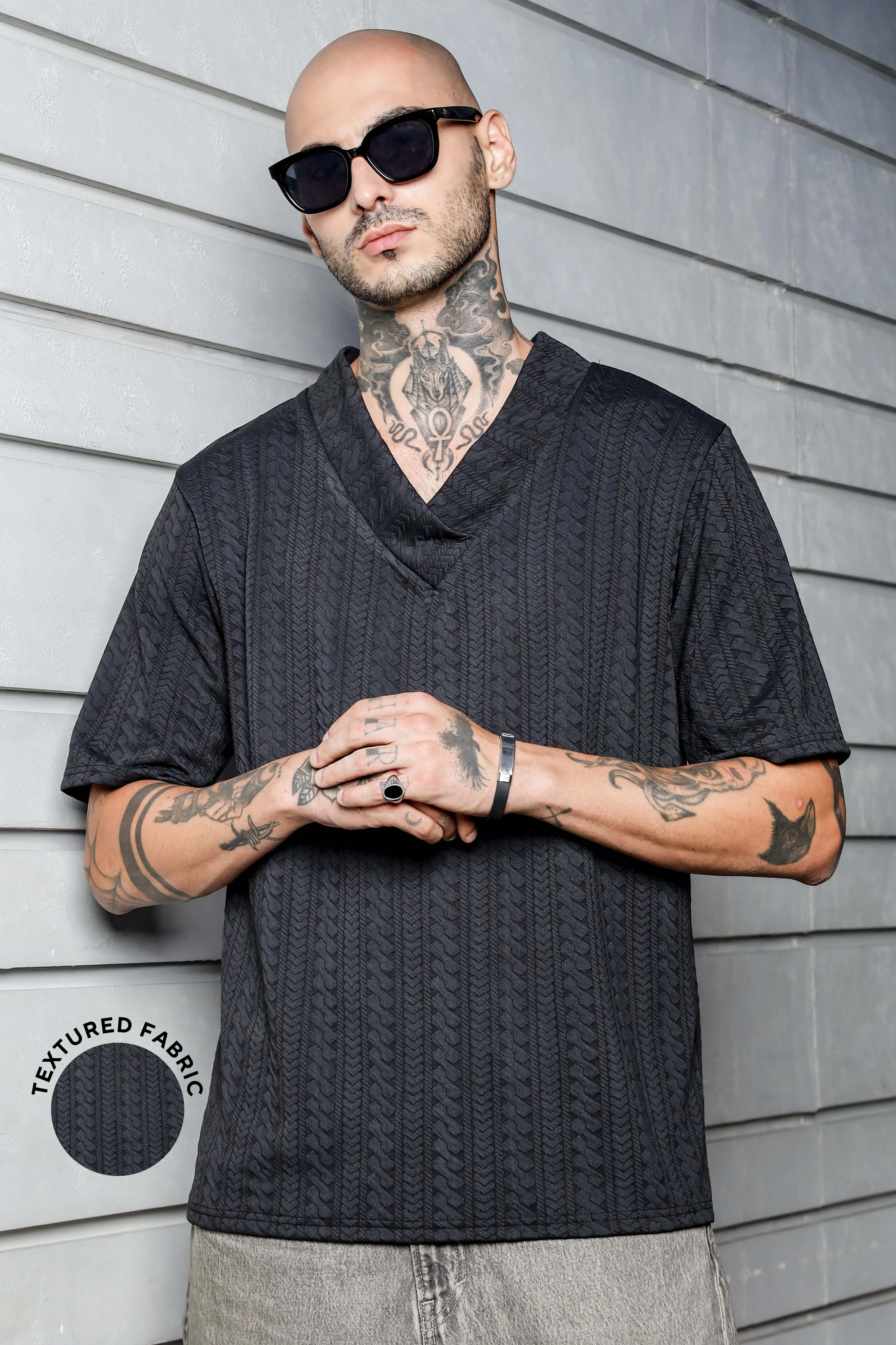 Unisex Black Textured V-Neck Oversized T-shirt