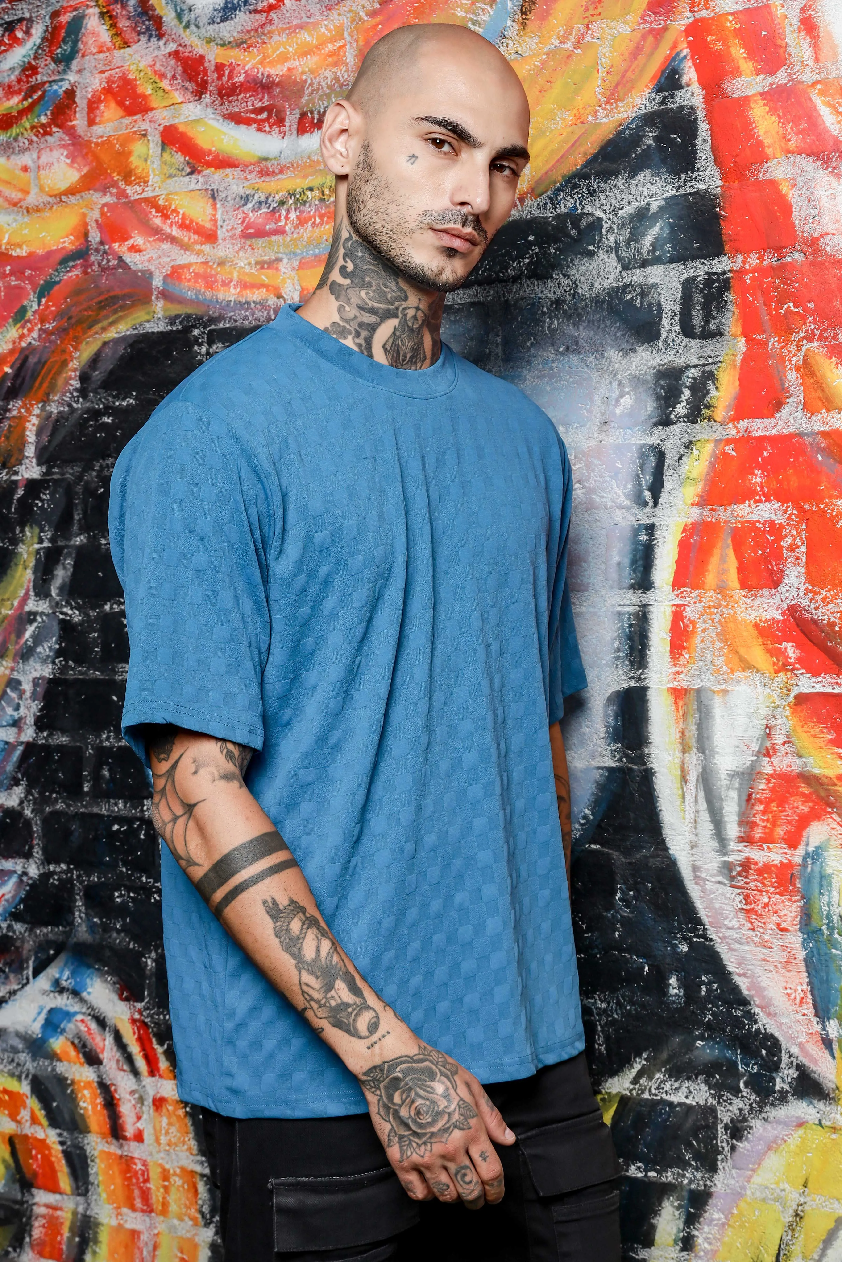 Unisex Blue Textured Round Neck Oversized T-shirt