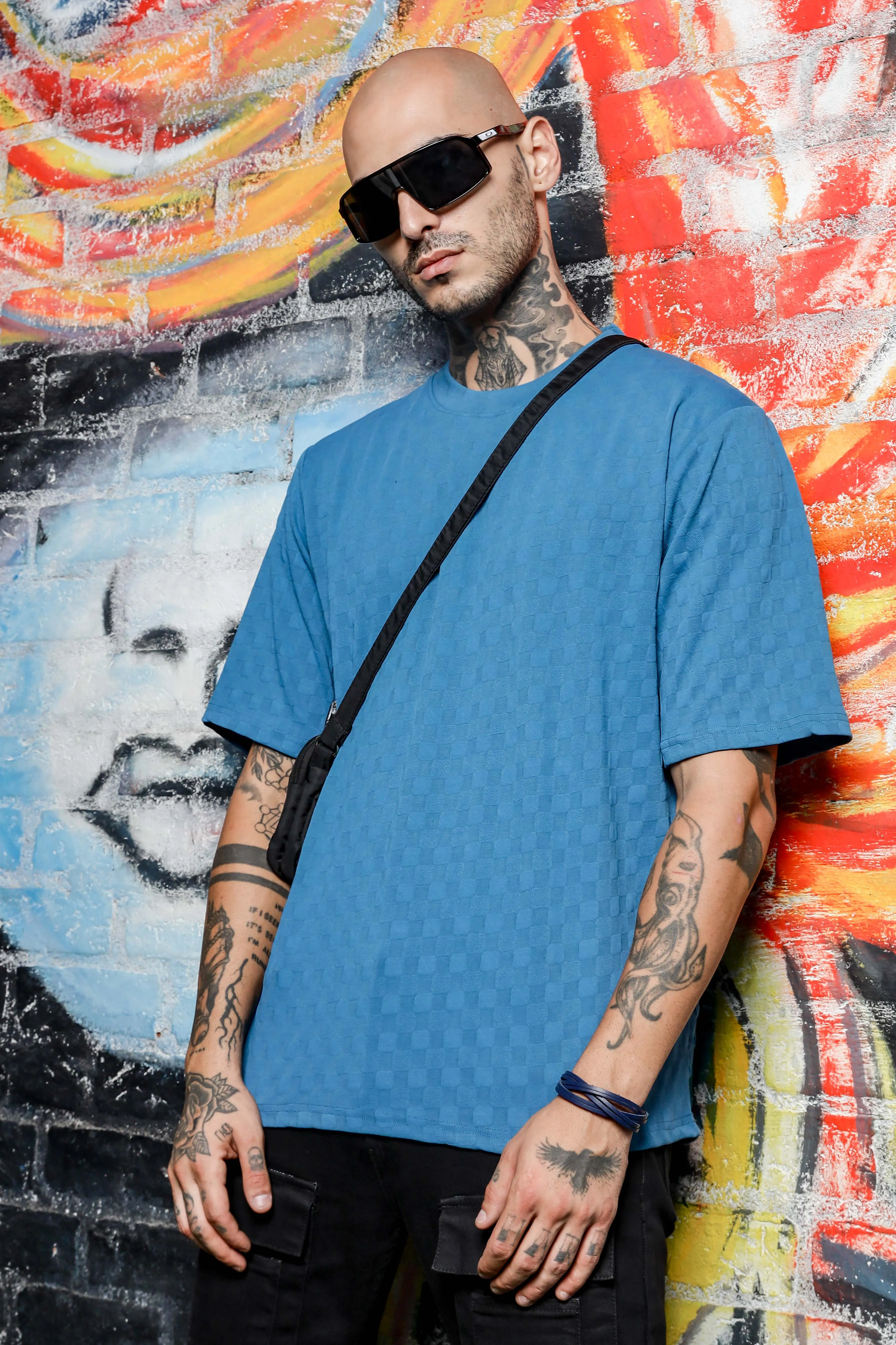 Unisex Blue Textured Round Neck Oversized T-shirt