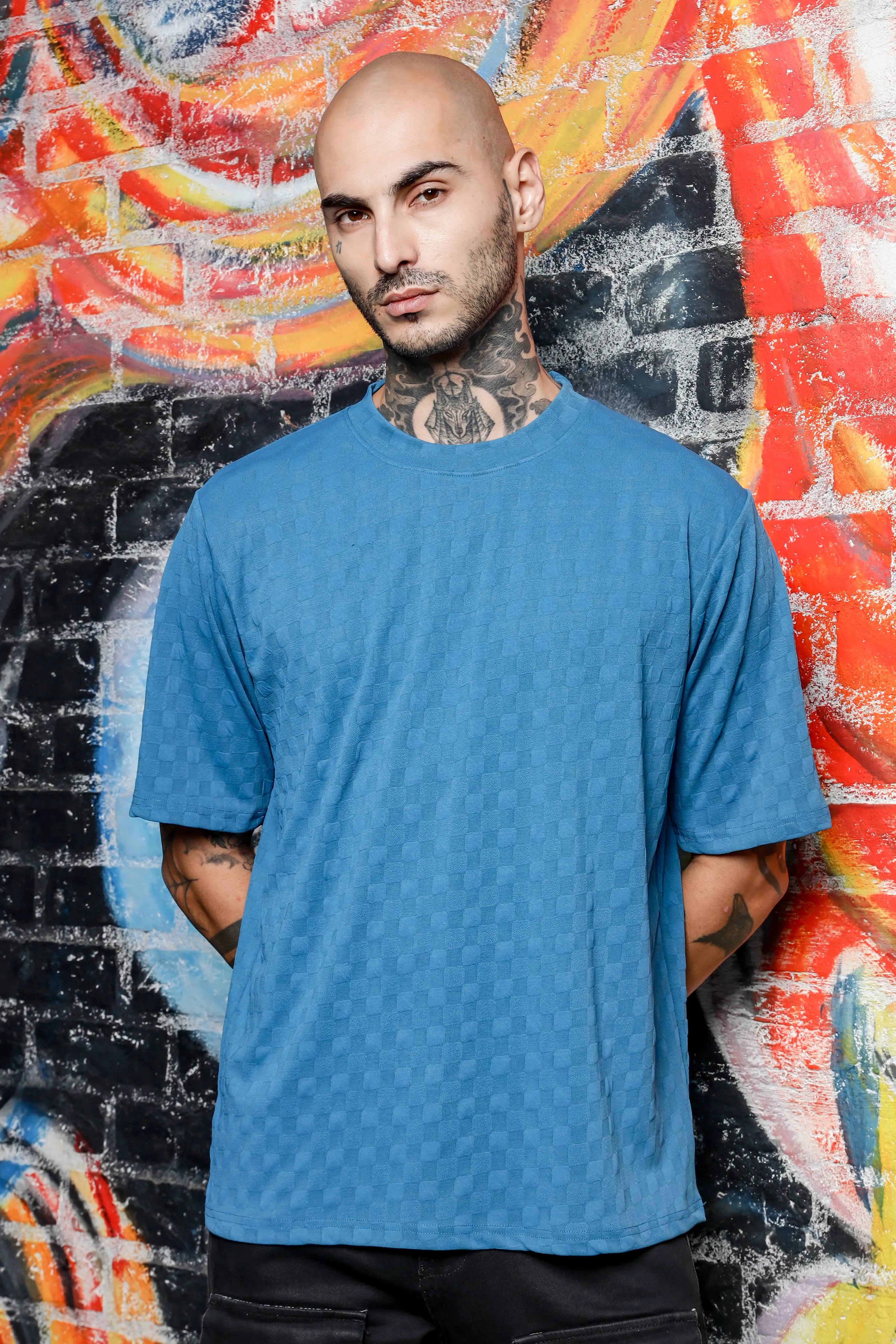 Unisex Blue Textured Round Neck Oversized T-shirt