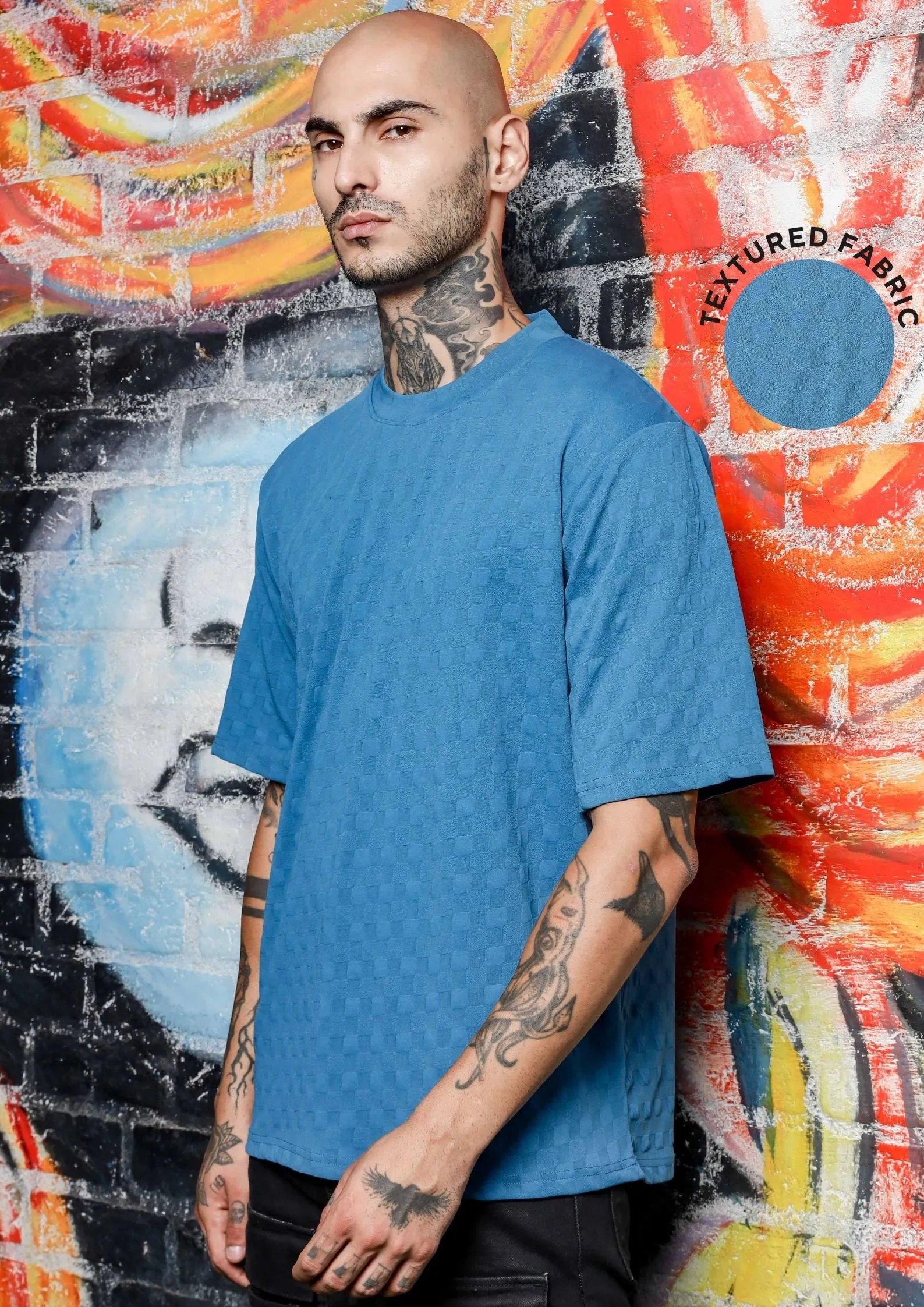 Unisex Blue Textured Round Neck Oversized T-shirt
