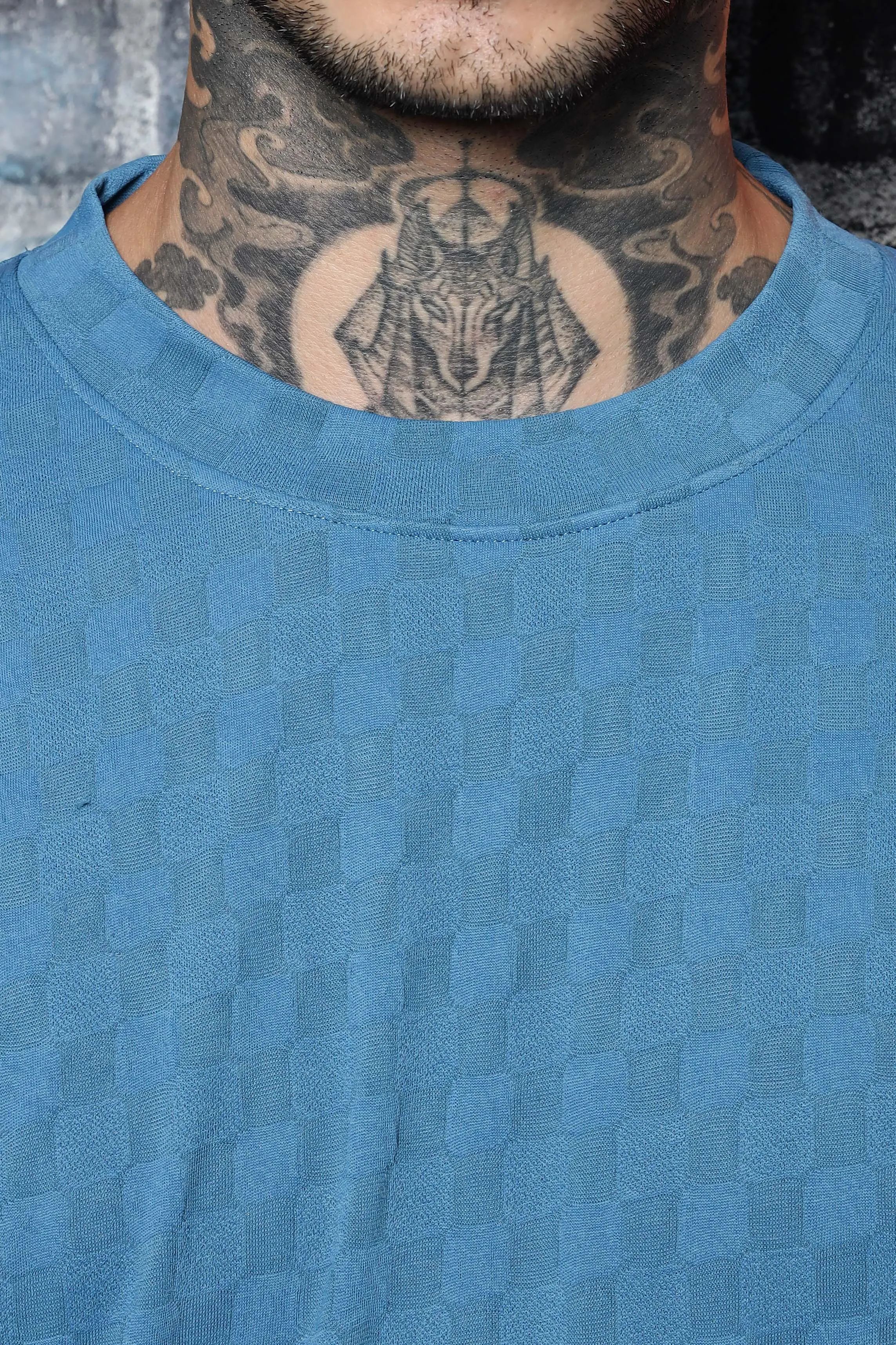 Unisex Blue Textured Round Neck Oversized T-shirt