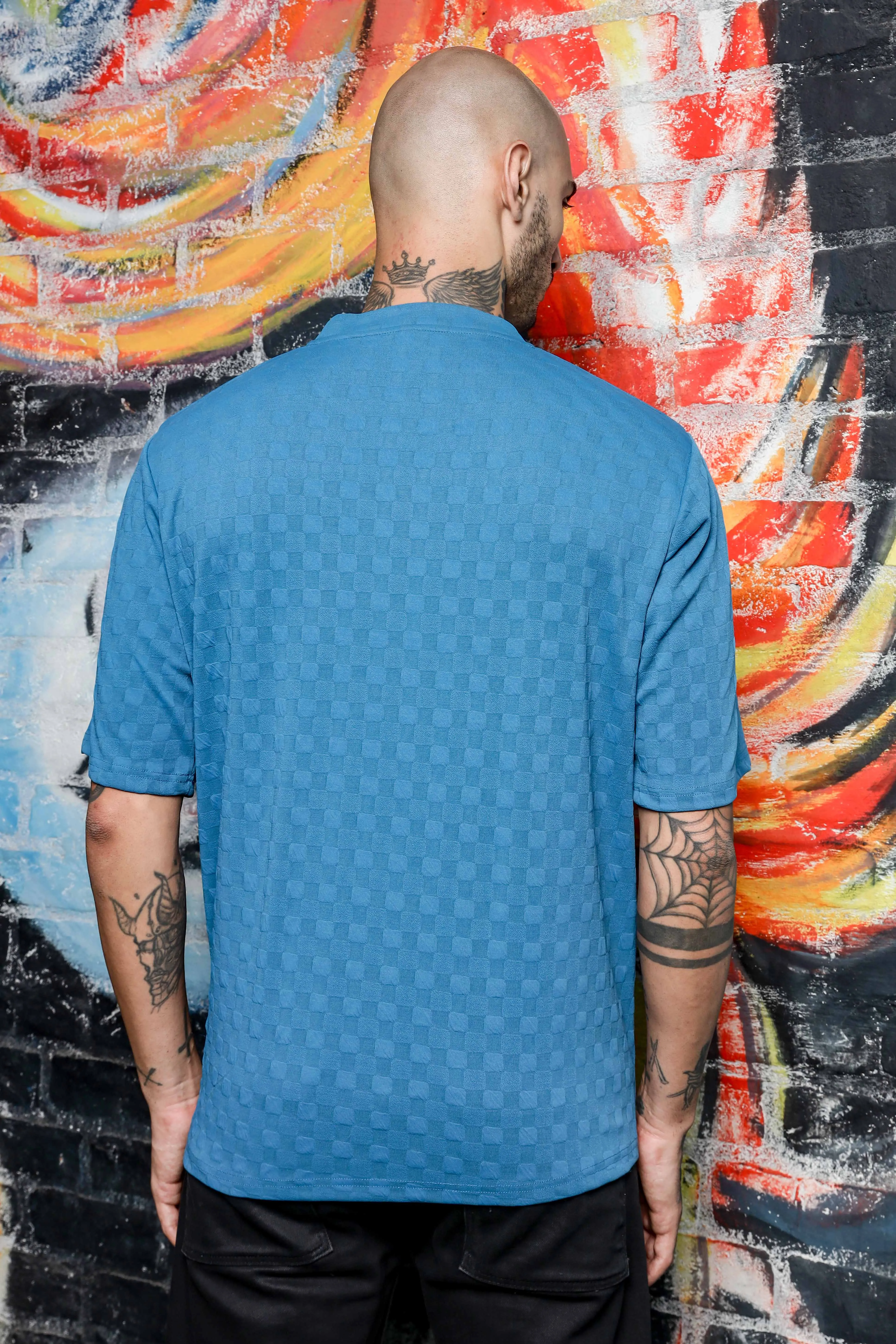 Unisex Blue Textured Round Neck Oversized T-shirt